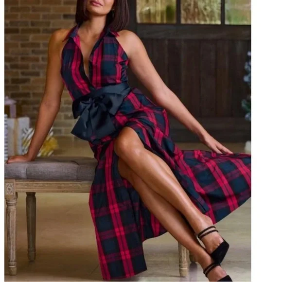 Boston Proper Plaid Shirt Dress size 6 Brand New Multi Red & Navy Brocade Sash - Picture 3 of 4